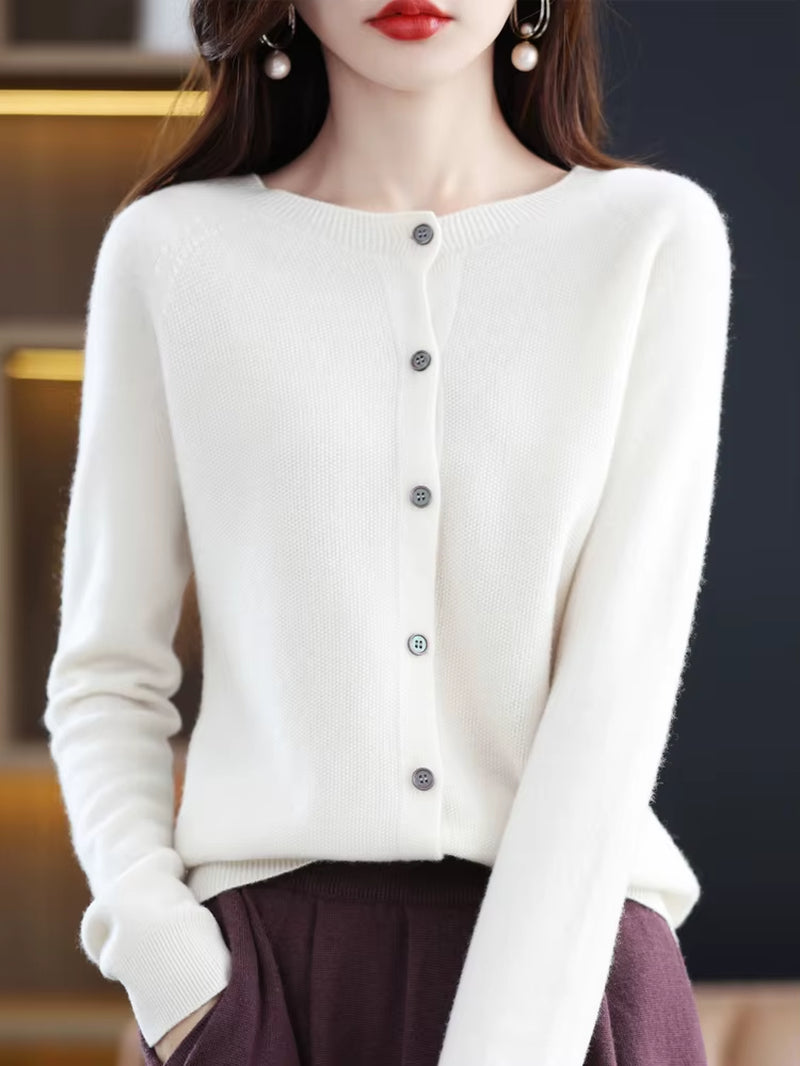 New Fashion Spring 100% Merino Wool Womens O-Neck Cardigan Cashmere Sweater 2024 Female Clothing Grace Knitwear Korean Tops