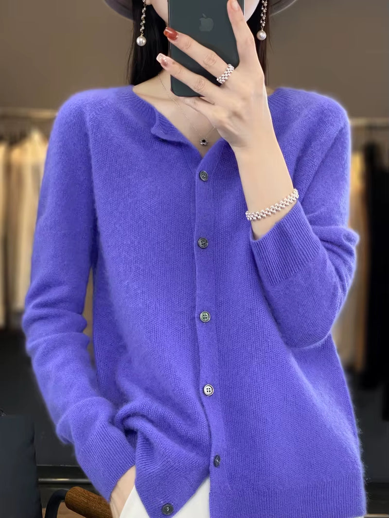 New Fashion Spring 100% Merino Wool Womens O-Neck Cardigan Cashmere Sweater 2024 Female Clothing Grace Knitwear Korean Tops