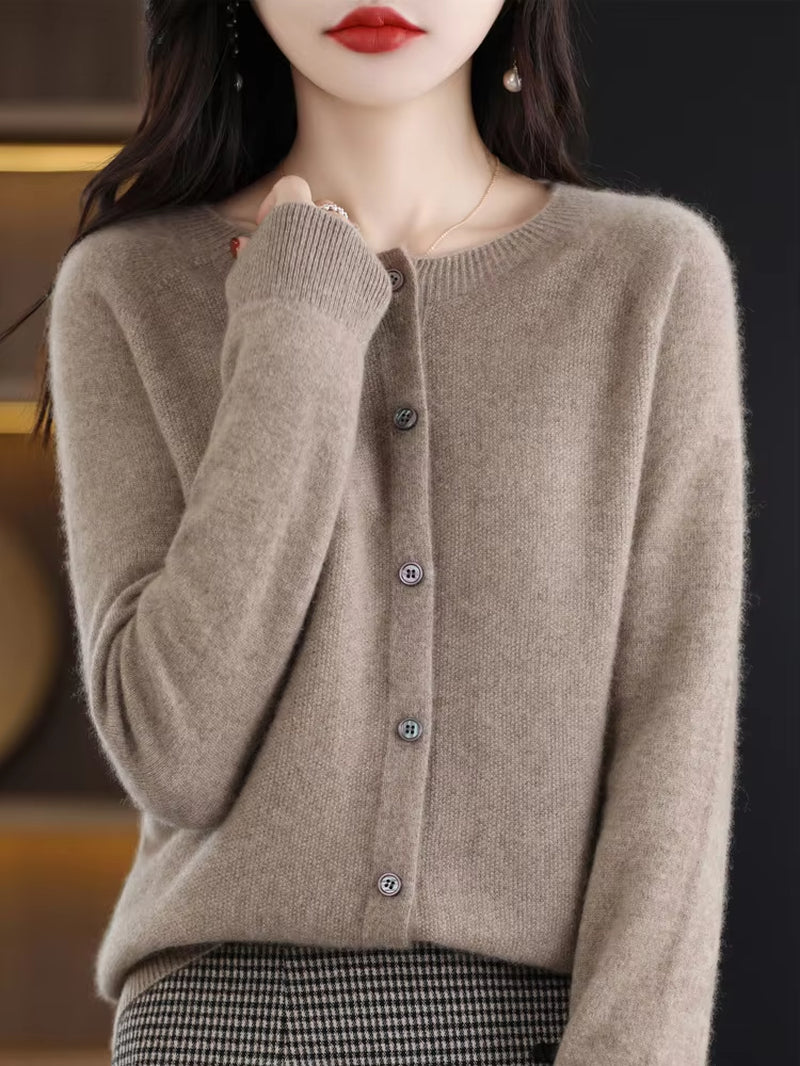 New Fashion Spring 100% Merino Wool Womens O-Neck Cardigan Cashmere Sweater 2024 Female Clothing Grace Knitwear Korean Tops
