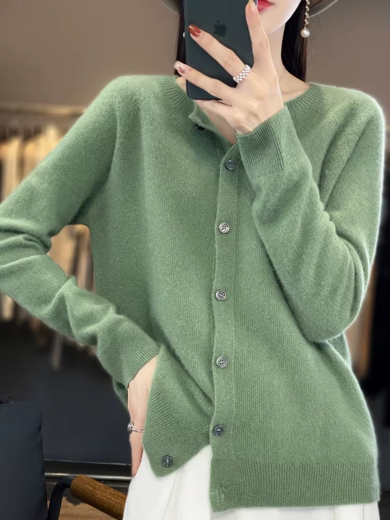 New Fashion Spring 100% Merino Wool Womens O-Neck Cardigan Cashmere Sweater 2024 Female Clothing Grace Knitwear Korean Tops