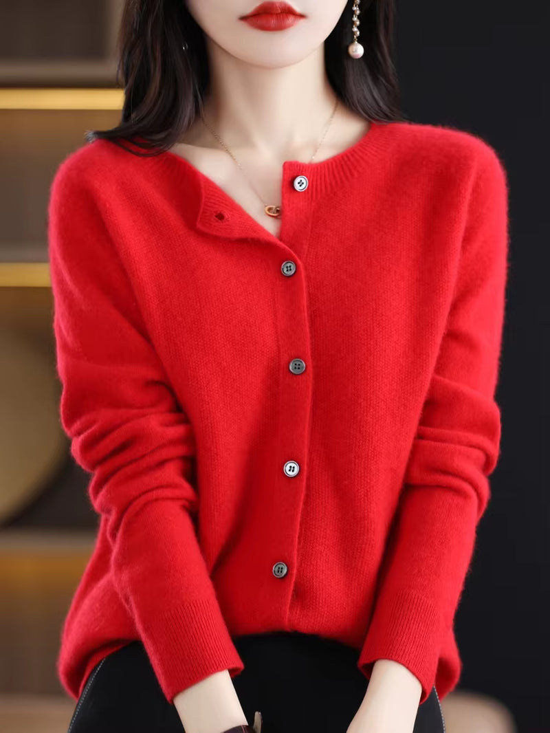 New Fashion Spring 100% Merino Wool Womens O-Neck Cardigan Cashmere Sweater 2024 Female Clothing Grace Knitwear Korean Tops