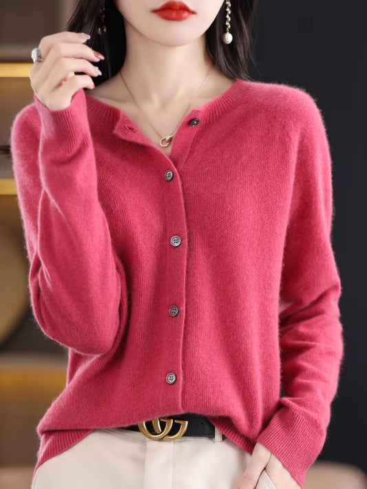 New Fashion Spring 100% Merino Wool Womens O-Neck Cardigan Cashmere Sweater 2024 Female Clothing Grace Knitwear Korean Tops